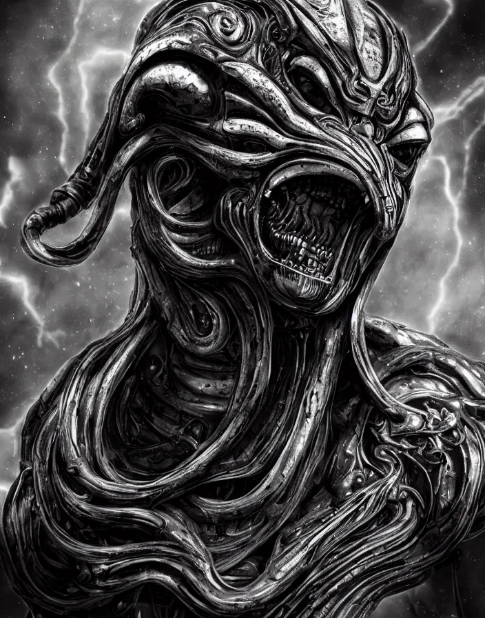 Image similar to engineer prometheus face, xenomorph alien face, highly detailed, symmetrical long head face, smooth marble surfaces, detailed ink illustration, raiden metal gear, cinematic smooth stone, deep aesthetic, concept art, post process, 4k, carved marble texture and silk cloth, latex skin, highly ornate intricate details, prometheus, evil, moody lighting, hr geiger, hayao miyazaki, indsutrial Steampunk