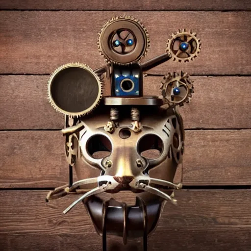 Image similar to steampunk robotic cat head, bronze, gears, on a wooden table