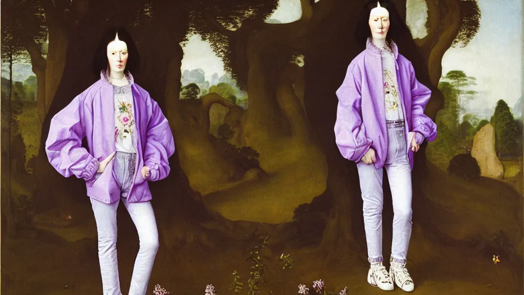 Prompt: portrait of a woman with lilac long frizzy hair, wearing a embroidered high collar jeans jackets and baggy jeans by balenciaga, standing in a botanical garden, bjork aesthetic, masterpiece, cyberpunk, in the style of rogier van der weyden, asian art