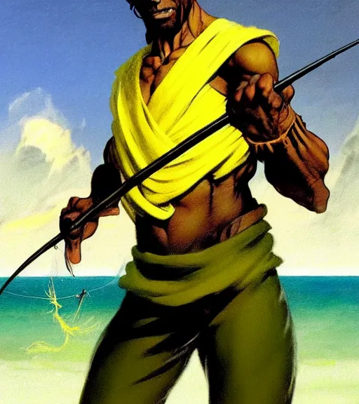 Image similar to magic : the gathering fantasy character concept art by frank frazetta and marco bucci, high resolution. a clear portrait of a 3 0 - year old athletic male jamaican, fisherman, wearing yellow green black calico clothing, magical fishing rod weapon, jamaican ocean flowing in the background, symmetry, fantasy coloring, intricate, 8 k, digital painting, artstation, smooth, sharp focus