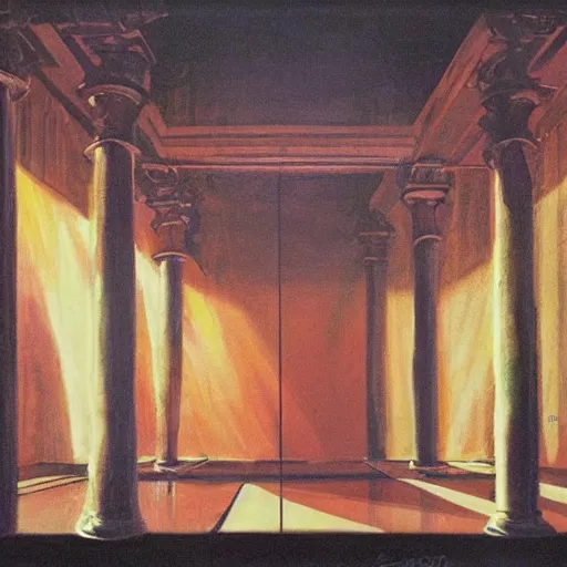 Prompt: painting of a scifi ancient civilzation victorian empty room with pillars, bob peak, alex ross