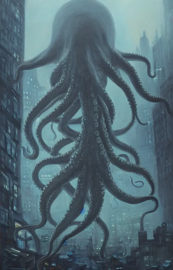 Image similar to a giant octopus monster moving through a foggy and dim city, extremely detailed!!! oil painting, dull palette