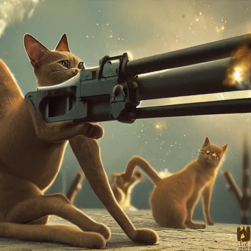 Image similar to a cat shooting church pews while shouting pew pew pew, ultra realistic, cgsociety