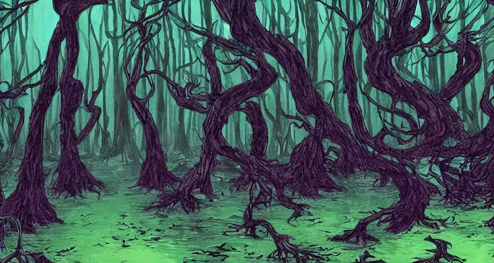 Image similar to A dense and dark enchanted forest with a swamp, from Evangelion