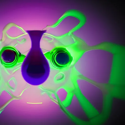 Prompt: hyperrealistic rendering eyeballs beeple claws fangs sofubi, studio lighting, colored gels, colored background, black, lime, violet, explode