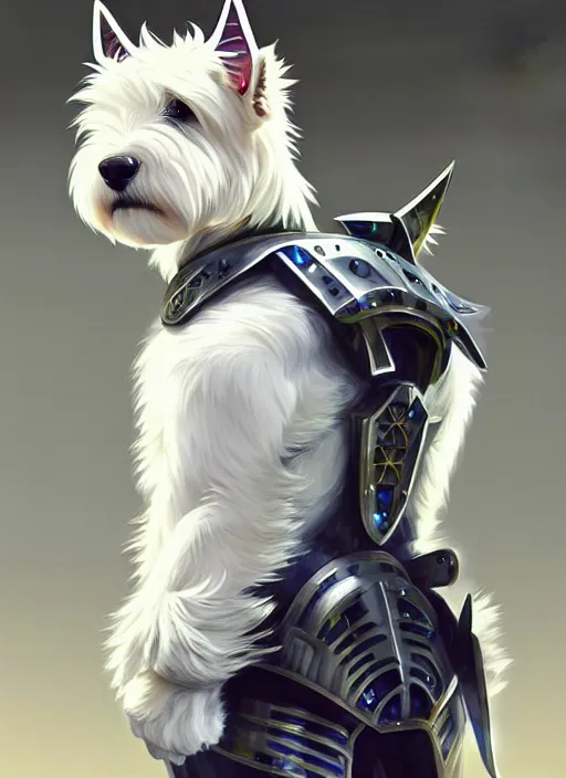 Image similar to a west highland white terrier, anime art style, wearing futuristic, led - lit armor, and a cannon mounted on his back, portrait, high detail, sharp focus, digital painting, artstation, concept art, art by hayao miyazaki and artgerm and greg rutkowski and alphonse mucha.