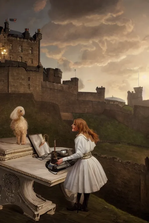 Prompt: a white cockapoo djing at edinburgh castle, anatomy, bathed in light, highly detailed, photorealistic, artstation, smooth, sharp focus, illustration, unreal engine 5, 8 k, art by artgerm and greg rutkowski and edgar maxence