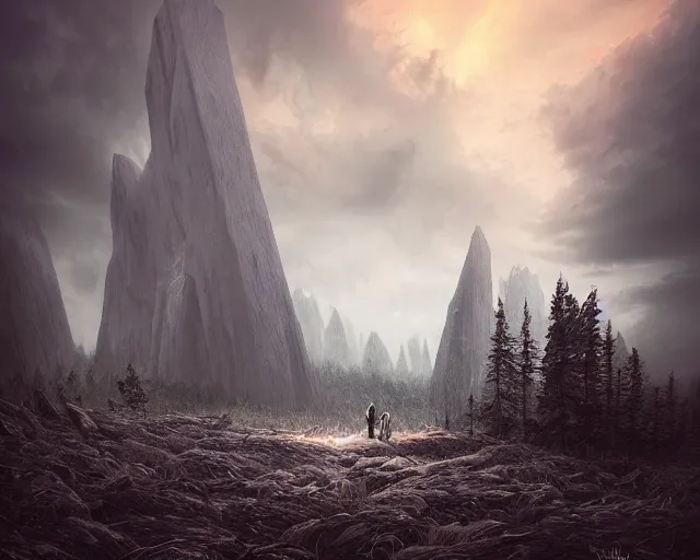 Image similar to monolithic black monolith standing above a stormy dark forest at sunset, illustration, by ( kieran yanner ) ( miranda meeks ) ( anna podedworna ) ( cristi balanescu ), digital art