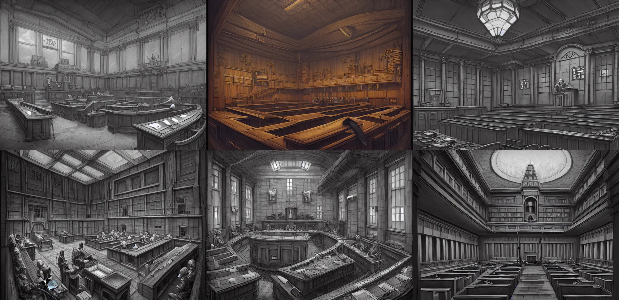 Prompt: detailed, sharp, evil courtroom by Andreas Rocha and by M. C. Escher, digital art, surreal, trending on artstation, HD, 8K, highly detailed, good lighting. beautiful. epic. masterpiece.