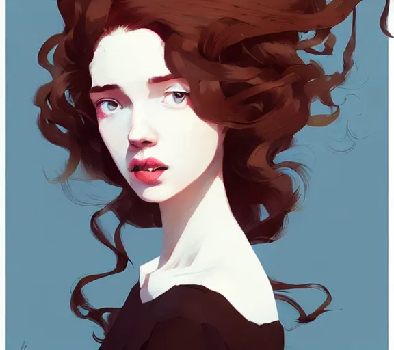 Prompt: portrait woman with long red curly hair, by atey ghailan, by greg rutkowski, by greg tocchini, by james gilleard, by joe fenton, by kaethe butcher, by ashley wood, dynamic lighting, gradient light blue, brown, blonde cream and white color scheme, grunge aesthetic