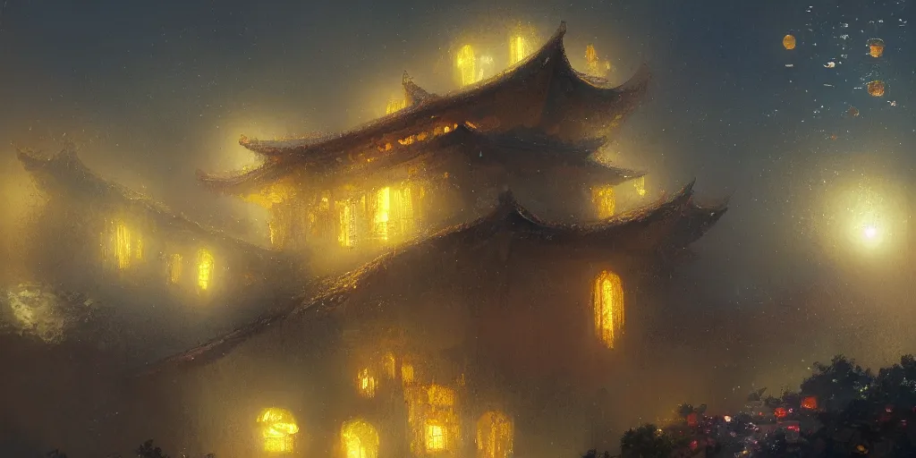 Prompt: on a misty starry night, a giant glowing butterfly inhabits an ancient china shanxi building above the ocean, by craig mullins