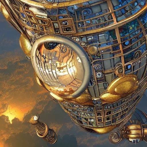 Image similar to enormous flying city in a faberge egg, clear skies, steampunk, fantasy art, masterpiece, unreal engine