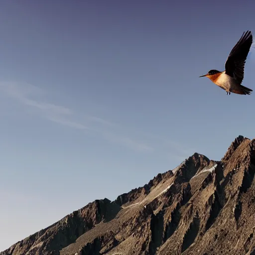 Image similar to blue bird flying over large mountains, photography, national geographic, hyper realistic, top down