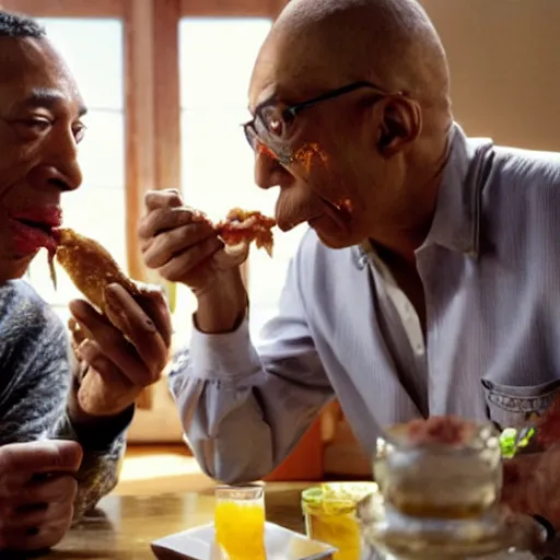 Prompt: gus fring devouring chicken with hector salamanca snorting meth in the background