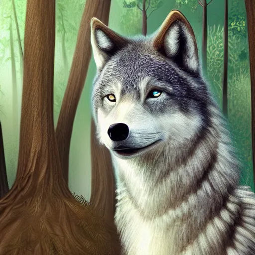 Prompt: Beautiful portrait digital painting of an anthro anthropomorphic minty wolf at a forest day time.