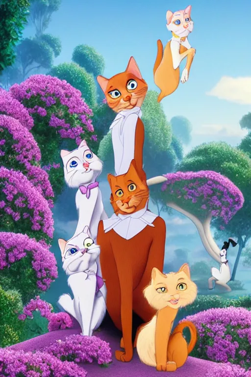 Image similar to aristocats movie poster, cgi, cinema, realistic, cats, disney film