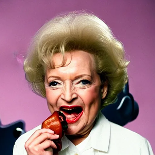 Image similar to betty white eating a hotdog on the moon