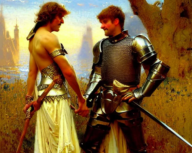 Image similar to arthur pendragon flirting wit his knight. the knight is also flirting back, highly detailed painting by gaston bussiere, craig mullins, j. c. leyendecker