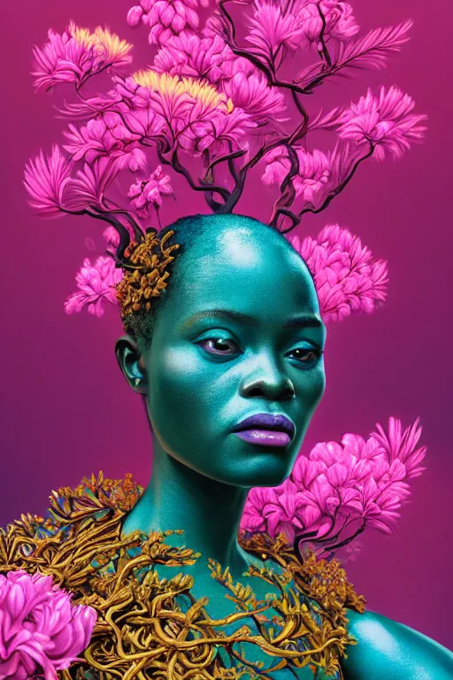 Image similar to hyperrealistic neo - rococo cinematic super expressive! yoruba goddess with exoskeleton armor, merging with tree in a forest, pink yellow flowers, highly detailed digital art masterpiece, smooth etienne sandorfi eric zener dramatic pearlescent soft teal light, ground angle hd 8 k, sharp focus