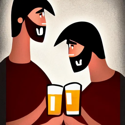 Image similar to two beautiful chad men drinking beers, hearts, friendship, love, sadness, dark ambiance, concept by Godfrey Blow, featured on deviantart, drawing, sots art, lyco art, artwork, photoillustration, poster art