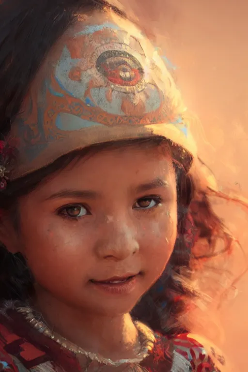 Image similar to aztec little girl, joyful, close - up portrait, intricate, elegant, volumetric lighting, scenery, digital painting, highly detailed, artstation, sharp focus, illustration, concept art, ruan jia, steve mccurry