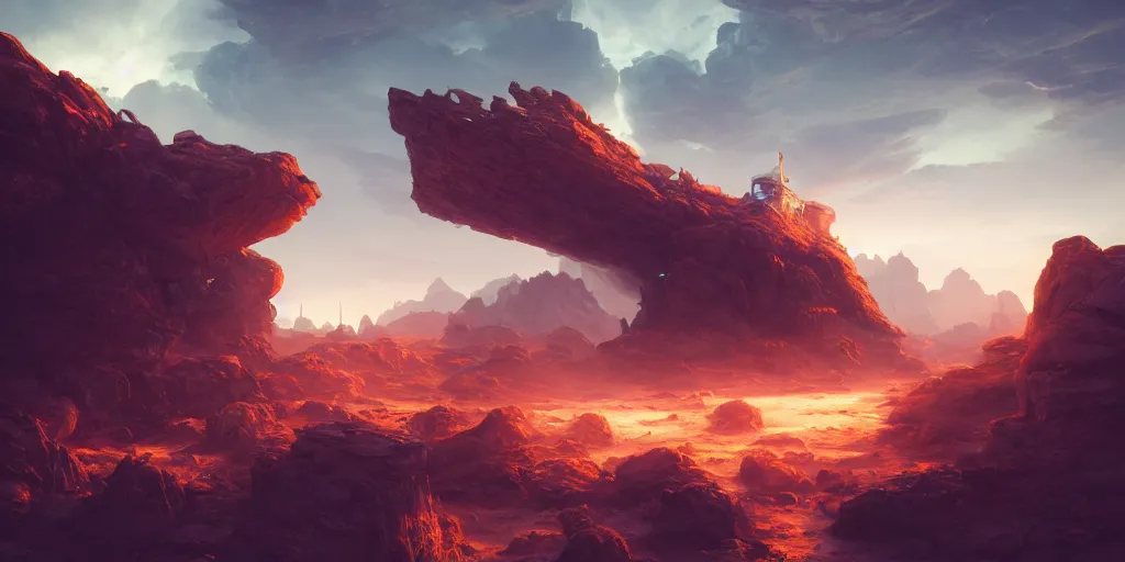 Image similar to futuristic steampunk giant starship, eroded rocks on the background, by Andreas Rocha, stunning volumetric lighting, sundown, trending on Artstation, 8k, photorealistic, hyper detailed, unreal engine 5, cinematic, epic lighting, cryengine, octane render, cyberpunk, red and orange glow, dark, gloomy