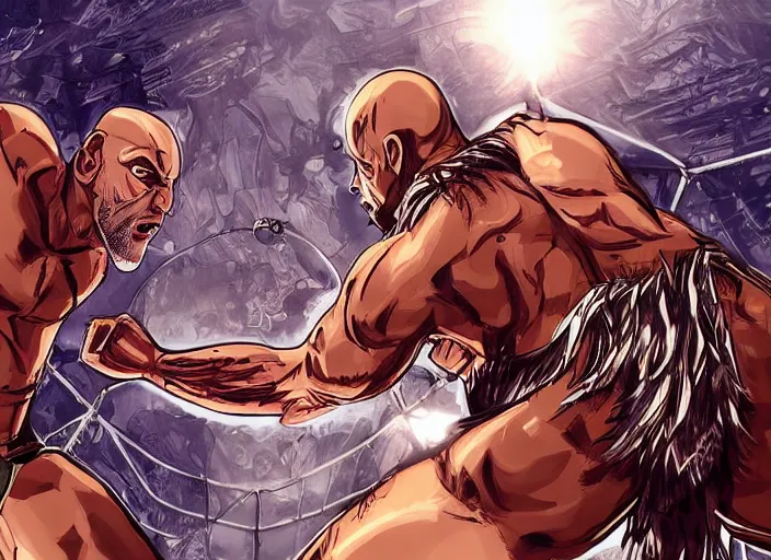 Image similar to a beautiful illustration of my friend joe rogan vs voldo in a steel cage match, digital art,