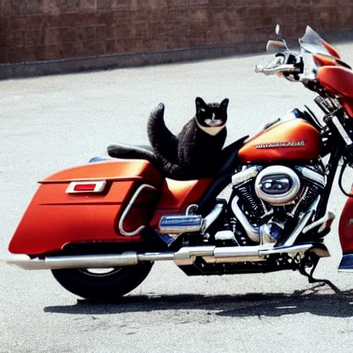 Image similar to cat on a Harley Davidson, cinematic masterpiece, beautiful lighting