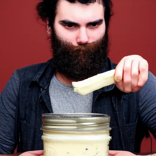 Image similar to top-heavy 20 year old with messy black hair and big beard eats mayonnaise straight out of the jar with his bare hands