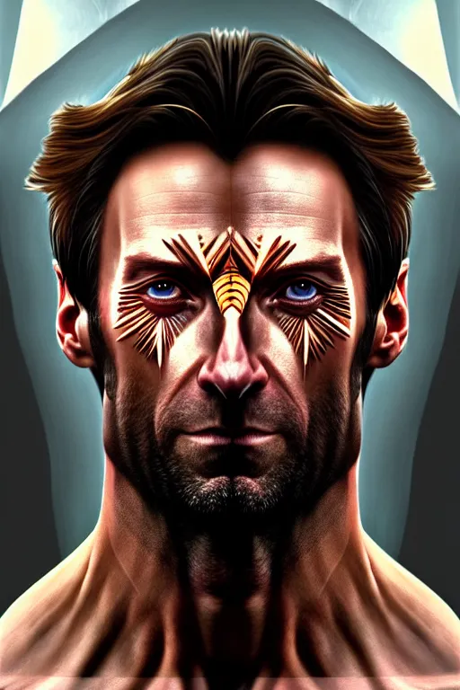 Image similar to symmetry!! portrait of hugh jackman in the boys in the style of god of war, machine parts embedded into face, intricate, elegant, highly detailed, digital painting, artstation, concept art, smooth, sharp focus, illustration, art by artgerm and greg rutkowski and alphonse mucha, 8 k