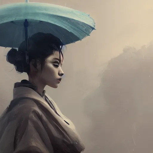 Image similar to portrait of a geisha robot by greg rutkowski and ruan jia, mecha, washed colors, dark, gloomy, matte painting, unreal engine 5