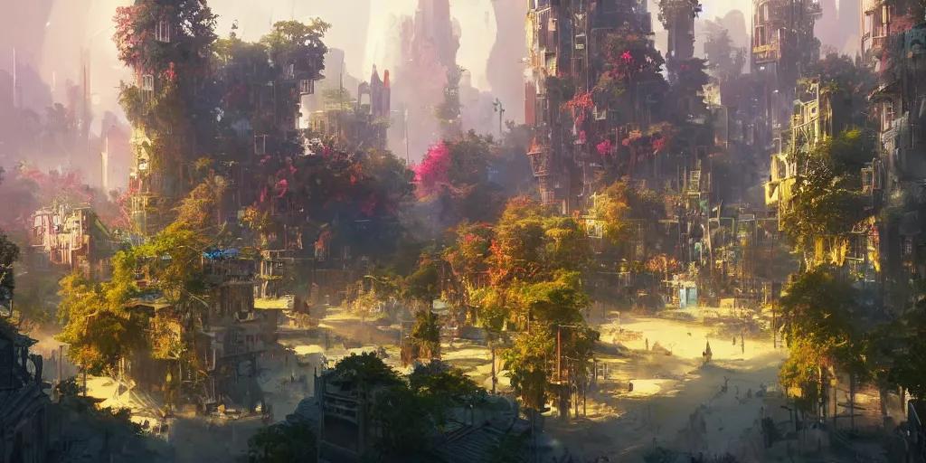 Image similar to a breathtaking fantasy solarpunk city, illustration by tiago sousa and greg rutkowski, bright sunlight, vivid and colorful trees and plants and flowers hanging from buildings, smooth digital concept art, 4 k, trending on artstation