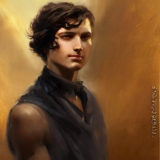 Image similar to detailed cinematic wide shot of beautiful attractive young man black clothes black hair no beard slim face symettrical face clean skin blue eyes black clothes, ultra realistic, spring light, painting by gaston bussiere, craig mullins, j. c. leyendecker