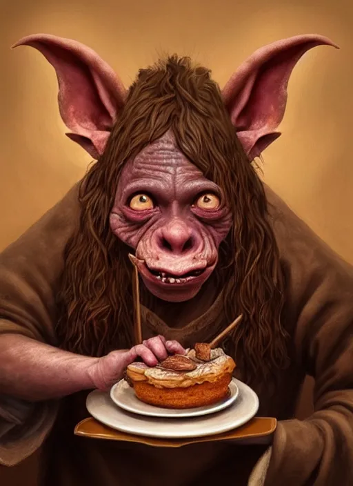 Image similar to portrait of a medieval goblin eating cakes in the cloisters beautiful face hyper realistic highly detailed digital painting artstation illustration co