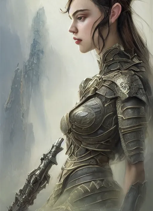 Image similar to a professional portrait of a beautiful young female, clothed in ethereal battle armor, olive skin, long dark hair, beautiful bone structure, symmetrical facial features, intricate, elegant, digital painting, concept art, smooth, sharp focus, finely detailed, illustration, from Valerian and the City of a Thousand Planets, in the style of Ruan Jia and Mandy Jurgens and Artgerm and Greg Rutkowski and William-Adolphe Bouguerea