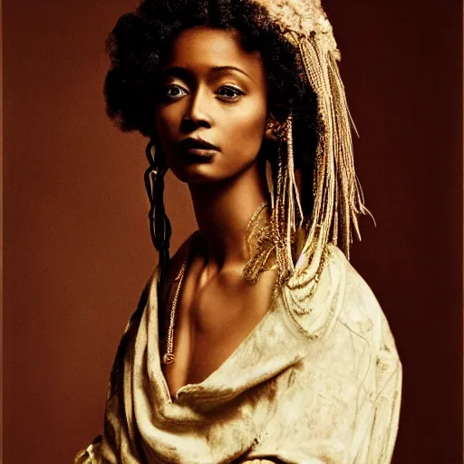 Image similar to portrait of young afro woman in renaissance dress and renaissance headdress, art by peter lindbergh