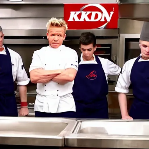 Image similar to gordon ramsay yelling at kfc employees on kitchen nightmares. the employees are lined up and in their kfc uniforms.