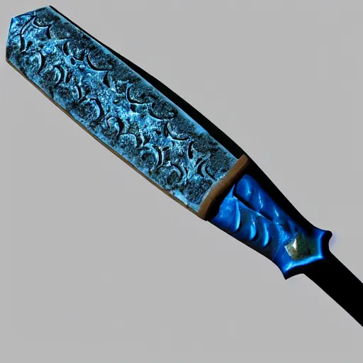 Image similar to bluestone flamberge, a huge two-handed sword with a wavy blade and large cross guard. It has a faint blue sheen, and radiates a sense of unease. 3d render