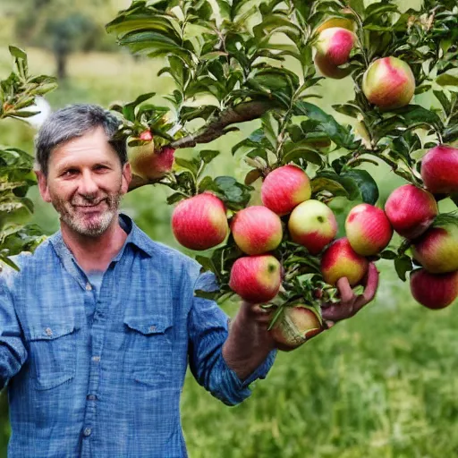 Image similar to a man holding 25 apples in his left hand while standing on a ladder in an orchard