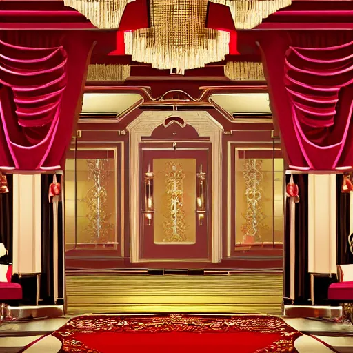 Image similar to isometric view of a lavish hotel lobby, full of cherry, wood and red carpet and golden accents on the walls, high quality, digital art