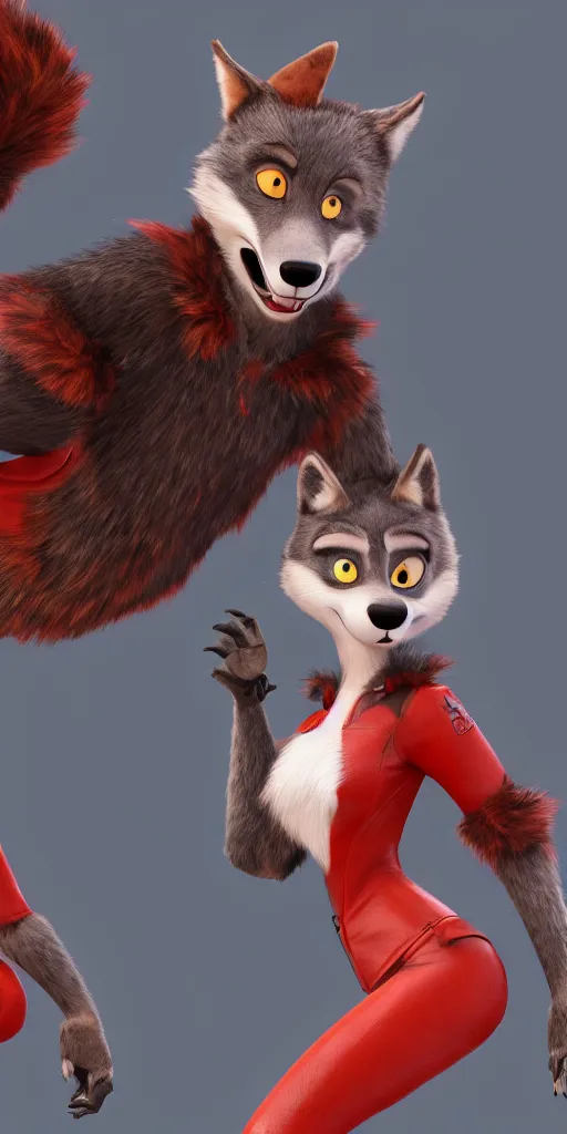 Prompt: upper body shot, anthropomorphic female wolf 🐺 with red 🟥 fur, wearing a black ⬛ leather jacket and denim pants, detailed, unreal engine 5, cinema 4 d cinematic, artstation, in the style of zootopia