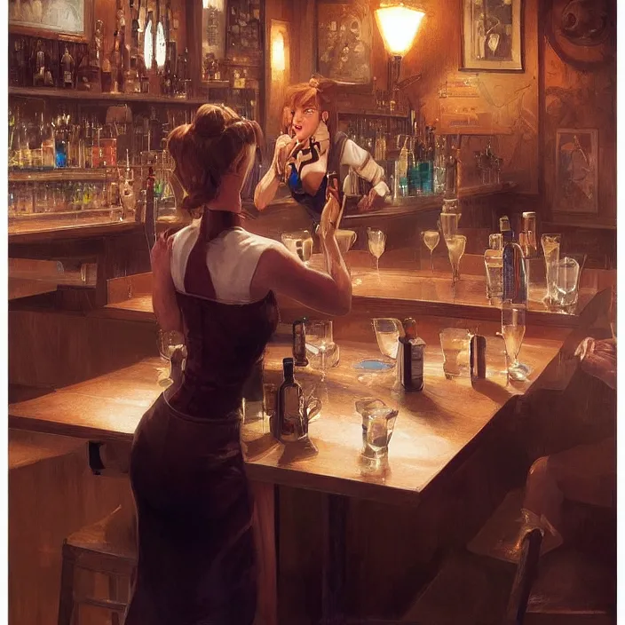 Image similar to a waitress singing on a table in a bar, elegant, real life skin, intricate artwork, high detailed, artstation, concept art, smooth, sharp focus, art by artgerm and greg rutkowski