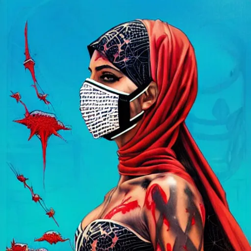 Prompt: a portrait of a saudi woman with side profile blood in ocean intricate details wearing a diver mask by MARVEL comics and Sandra Chevrier-C