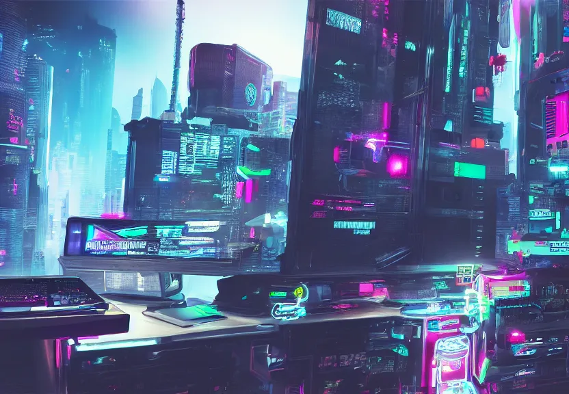 Image similar to cyberpunk computer running a videogame, highly detailed