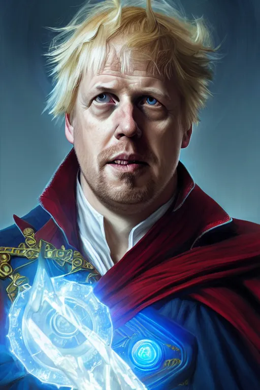 Image similar to Boris Johnson as Doctor Strange, armor plate, realistic portrait, symmetrical, highly detailed, digital painting, artstation, concept art, smooth, sharp focus, illustration, cinematic lighting, art by artgerm and greg rutkowski and alphonse mucha