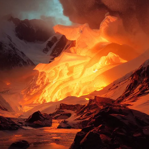 Image similar to alaskan glacier on fire, dim volumetric lighting, 8 k octane beautifully detailed render, post - processing, extremely hyper - detailed, intricate, epic composition, giant bananas natural disaster, cinematic lighting, masterpiece, trending on artstation, detailed detailed detailed, masterpiece, stunning art by anders zorn, wonderful masterpiece by greg rutkowski, beautiful cinematic light