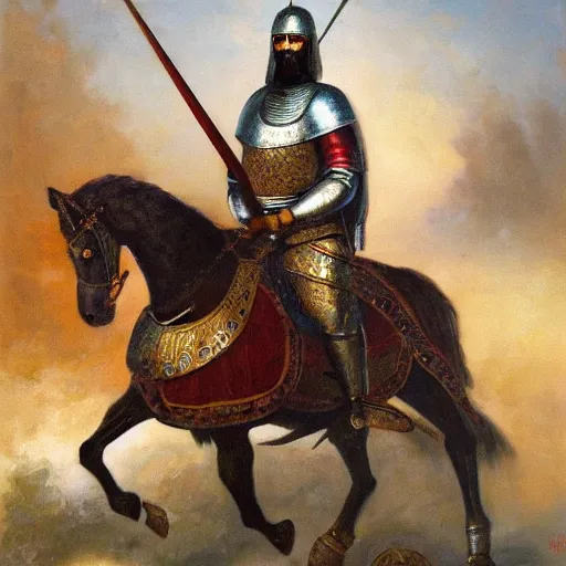 Image similar to a beautiful oil painting of a middle eastern knight in shining armor riding a horse