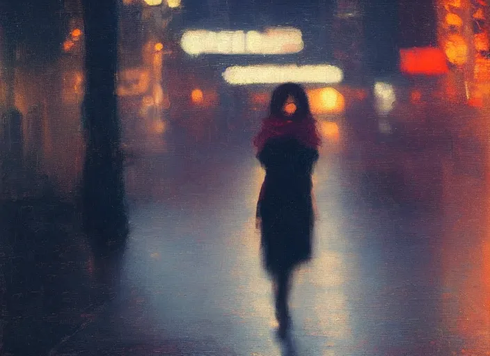 Image similar to detailed portrait of a woman in the city street at night, bokeh, long exposure, painting by jeremy lipking christopher doyle