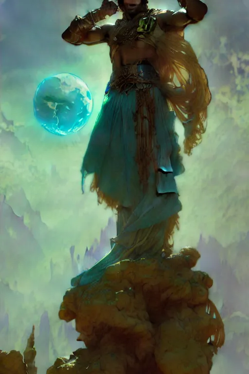 Prompt: pearlescent turquoise moon sorcerer, male character design, painting by gaston bussiere, craig mullins, greg rutkowski, alphonse mucha, trending on artstation