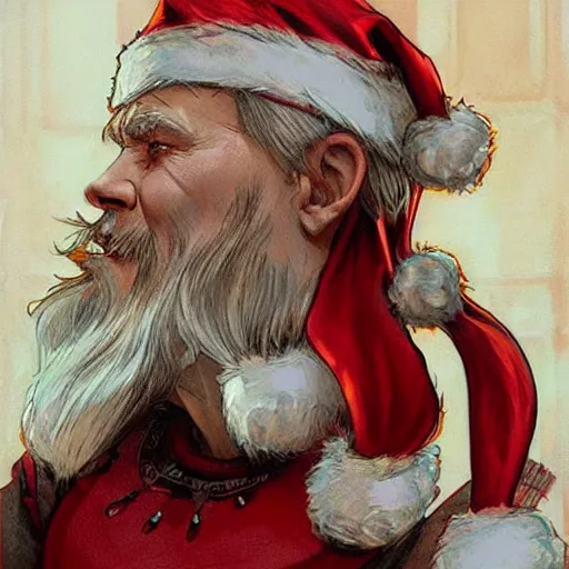 Image similar to santa claus wearing a viking helmet, art by artgerm, greg rutkowski and alphonse mucha